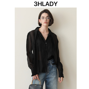 含桑蚕丝天丝 3hlady魅力隐视微透 复古宫廷风黑色领巾飘带衬衣