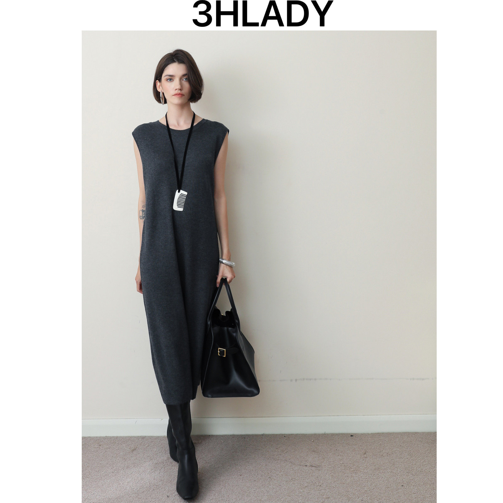 3HLADY | 高智汲简立体剪裁背后挂带设计H型真丝羊毛针织裙连衣裙