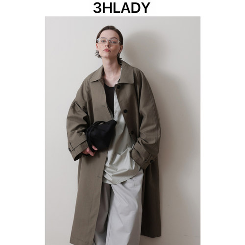 3HLADY 客供微褶肌理OS风格 插肩袖 单排扣翻领 长款风衣