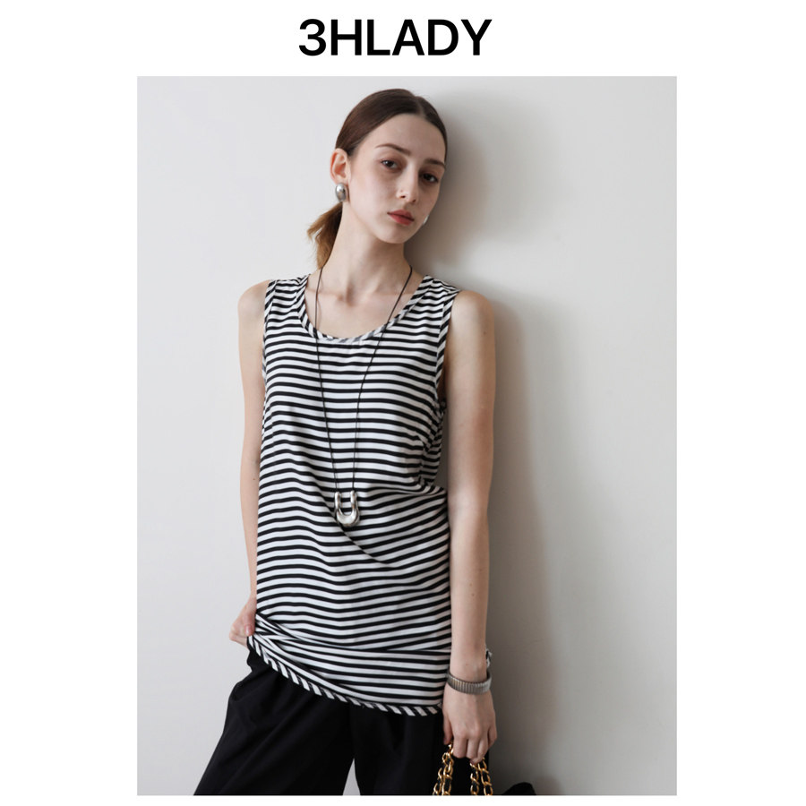 3HLADY 轻尚之夏 工艺毛边贴边领口圆领中长侧开叉条纹真丝背心
