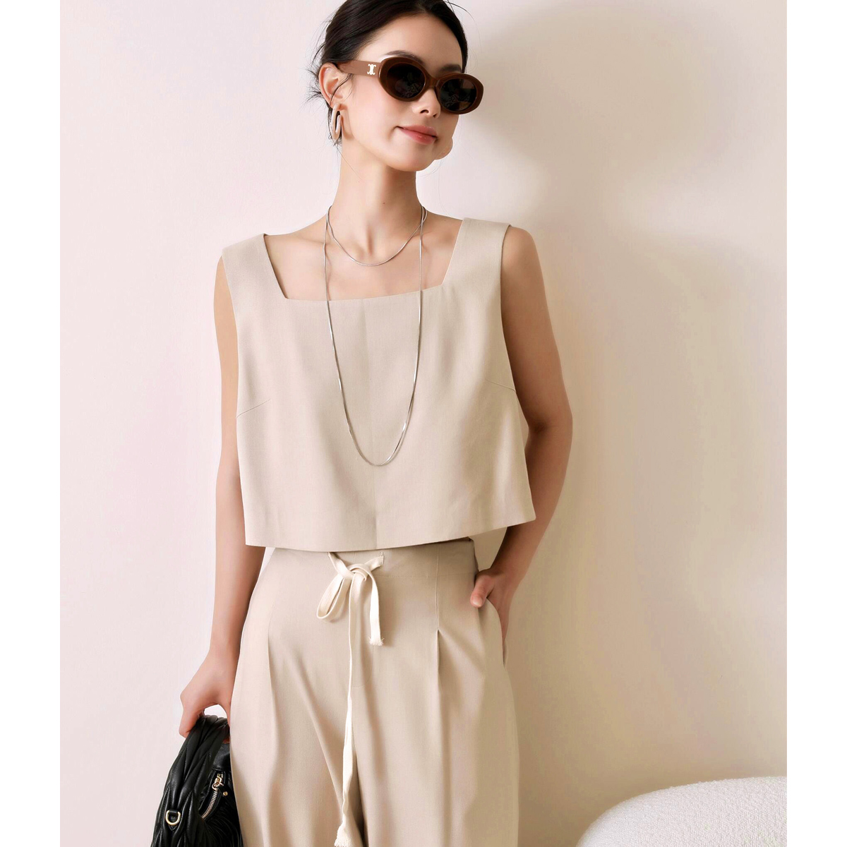 3HLADY|随意飒感 亚麻混纺箱型短款无袖上衣/半松紧腰阔腿长裤