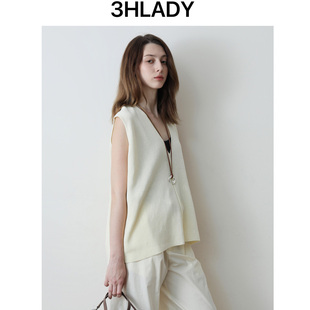 挺缝线设计V领廓形无袖 含和纸纱亚麻 上衣 叠穿风格 3HLADY