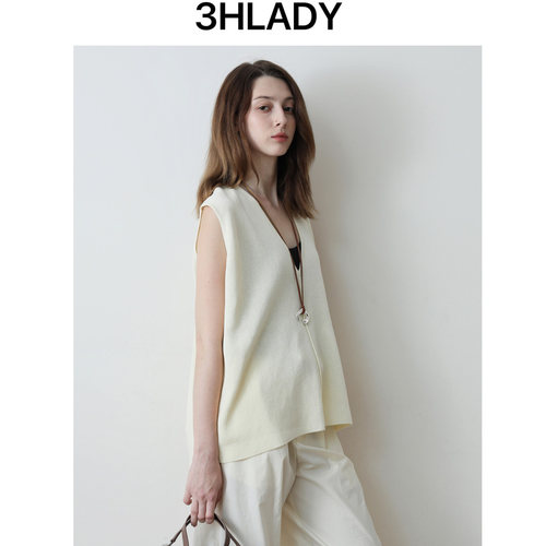 3HLADY 叠穿风格 含和纸纱亚麻 挺缝线设计V领廓形无袖上衣