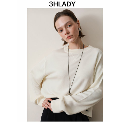 3HLADY | 松弛CHILL 超细美丽诺羊毛白色卫衣风格小宽松针织衫