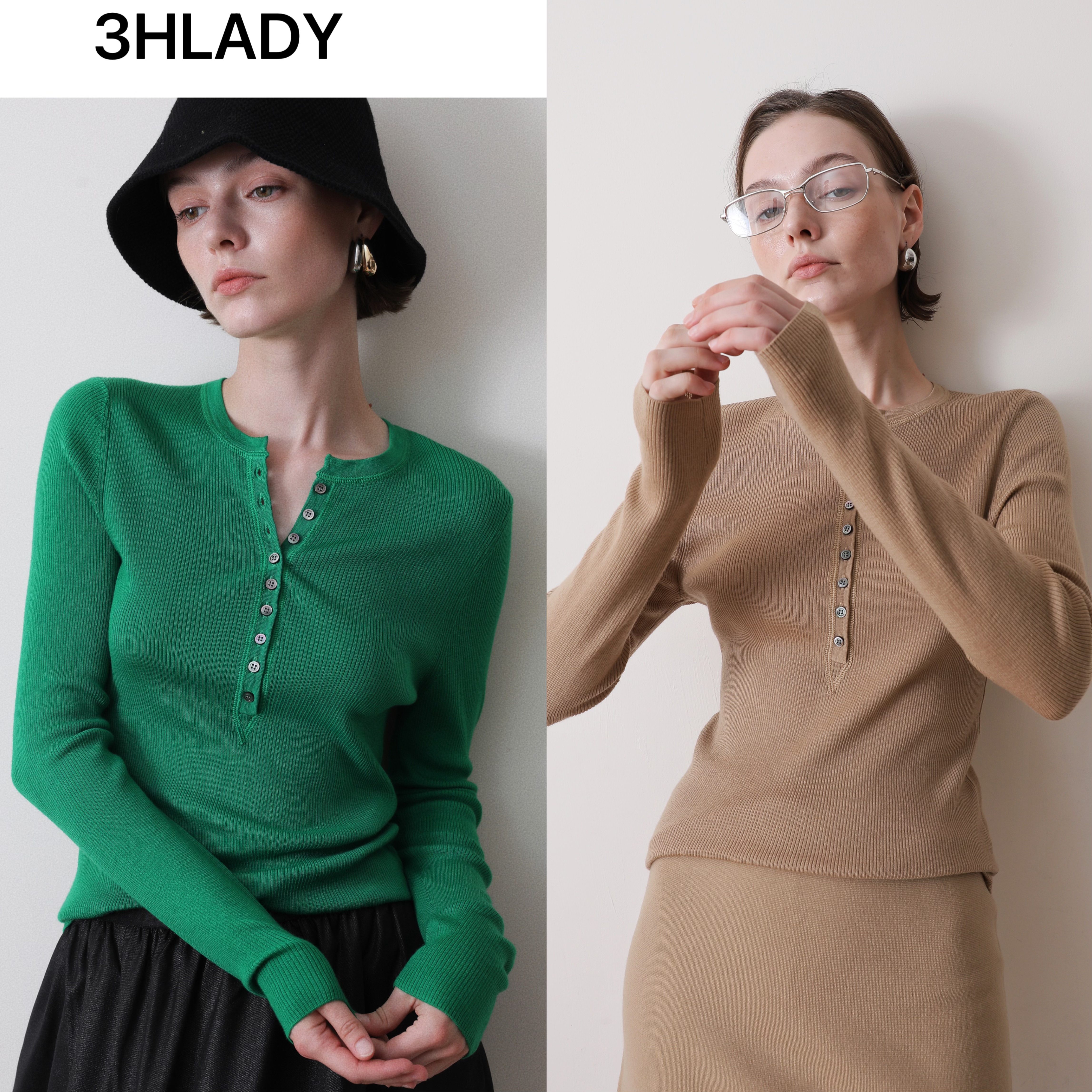 3HLADY | 三针五线箭头门襟工艺 亨利领120S美丽诺羊毛修身针织衫