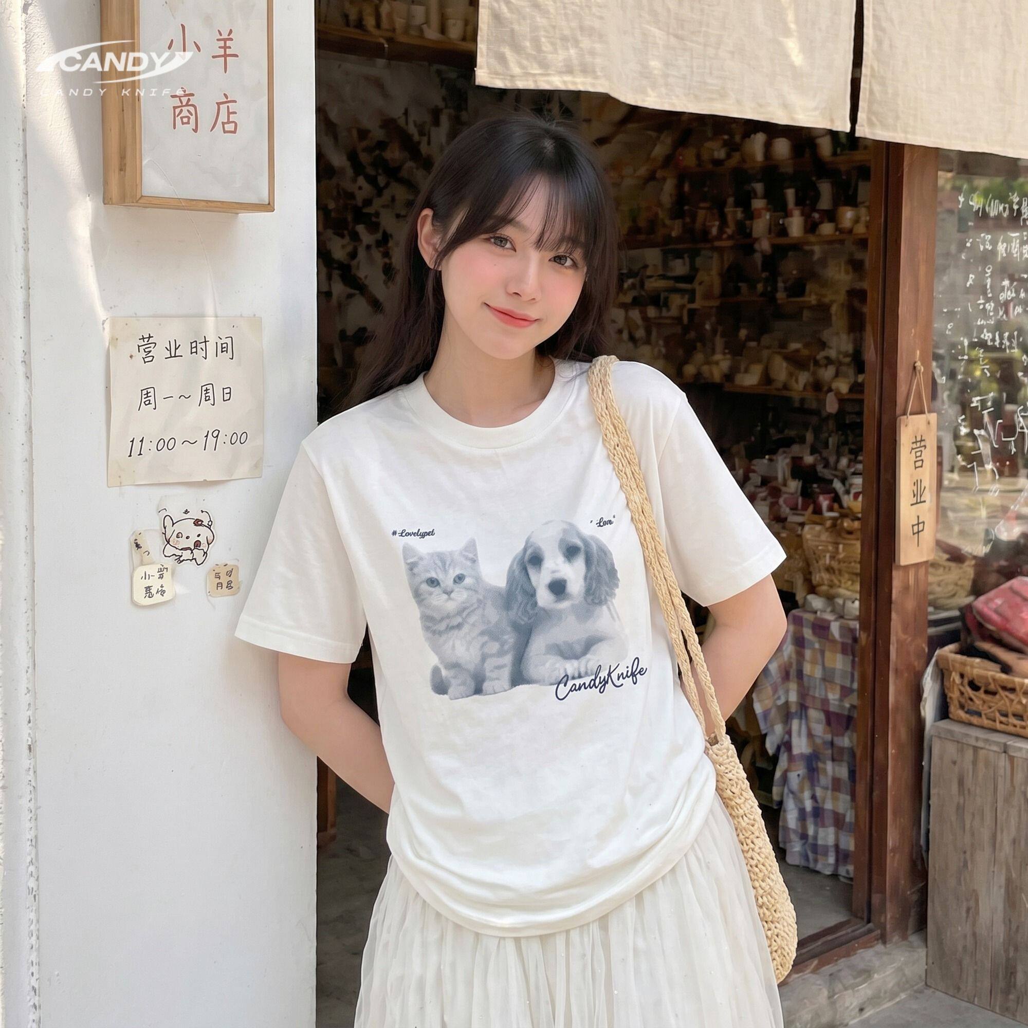 CANDY KNIFE猫咪狗狗印花纯棉短袖T恤女夏季淑女清新chic甜美圆领