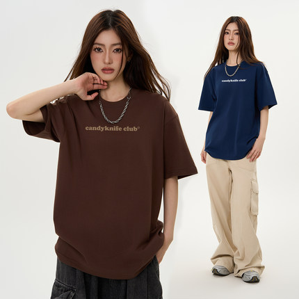 美式复古简约字母印花短袖t恤圆领潮牌男女重磅纯棉宽松情侣夏