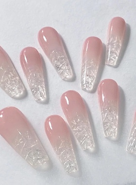 手工穿戴甲2024新款夏日冰透裸色天蓝色渐变简约琉璃脆碎玻璃美甲