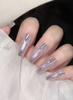 纯手工穿戴甲2025新款夏日蓝色紫色碎钻细闪高级感显白美甲成品贴