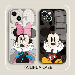 米奇米妮适用苹果15手机壳14液态玻璃iPhone13保护套12硅胶软边11镜头pro全包mini防摔女plus男新款max