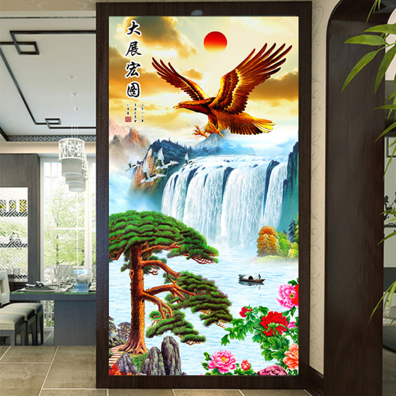 大展宏图十字绣新款手工自己线绣客厅玄关老鹰迎客松中式风景满绣