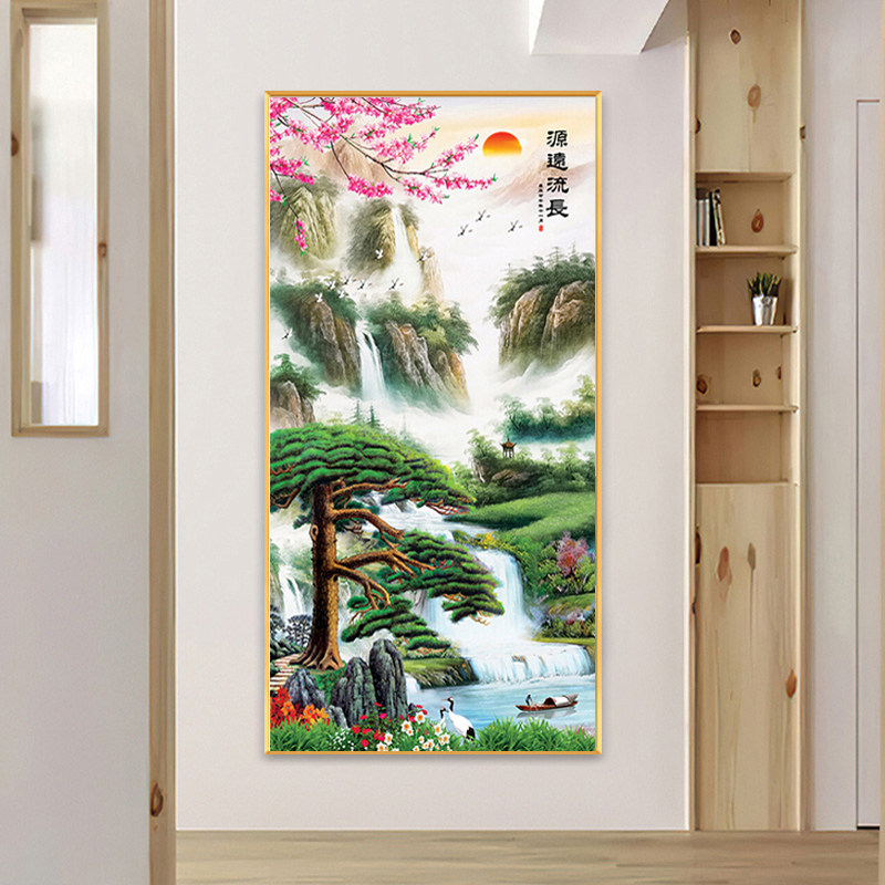 5D钻石画满钻客厅迎客松竖版玄关点贴钻十字绣山水风景过道钻石绣