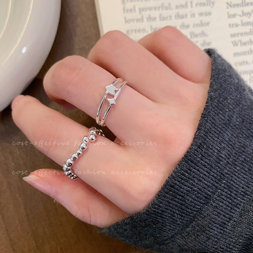 韩国小众不规则珠珠设计感双层闪闪星星戒指女简约百搭气质开口戒