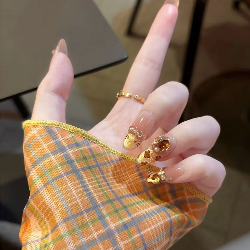 美式复古KT猫豹纹穿戴甲女金色亮片中长款指甲高级感美甲甲片女
