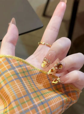 美式复古KT猫豹纹穿戴甲女金色亮片中长款指甲高级感美甲甲片女