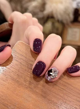 紫色亮片水钻穿戴甲短款中长款纯手工高级感可拆卸美甲贴片简约女