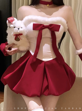 圣诞节兔女郎cos服装氛围感穿搭纯欲风甜美丝绒抹胸红色连衣裙女
