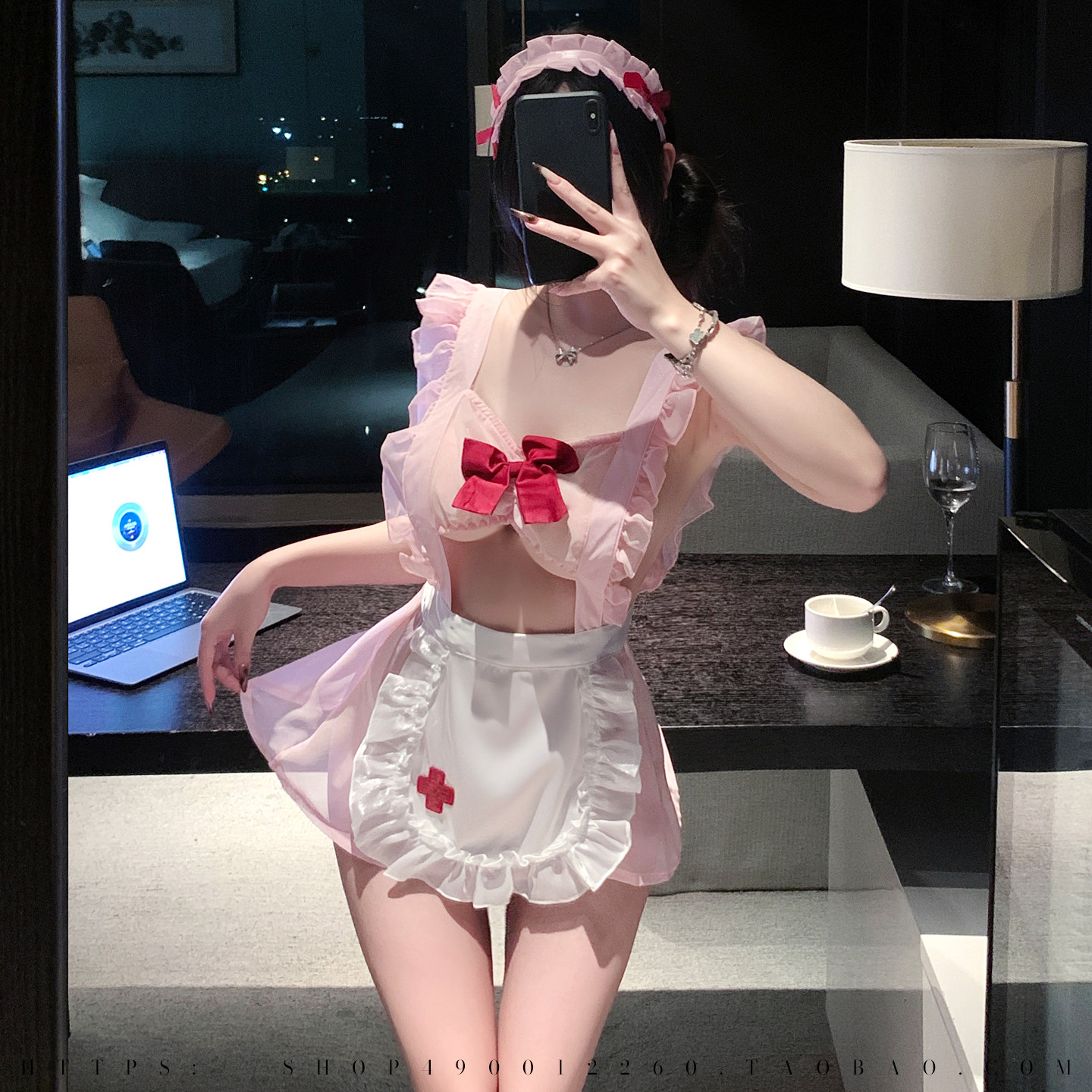 纯欲甜美粉色女仆制服内衣套装性感蕾丝蝴蝶结荷叶边吊带睡裙女