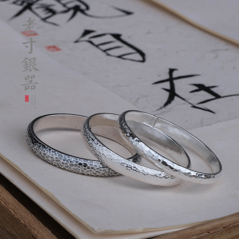 锤纹银手镯男款半月手工银手镯女年轻款足银999银镯子云南雪花银
