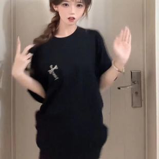 学生显瘦气质上衣 美式 潮牌复古十字架印花纯棉短袖 t恤女夏季 韩版