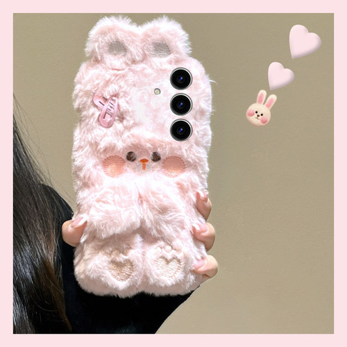 手机壳秋冬毛绒保暖暖手刺绣立体发夹兔子