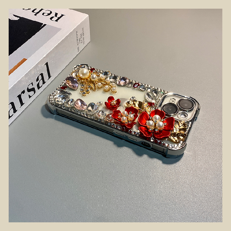 手机壳硅胶韩系立体水钻钻石珍珠红色花朵