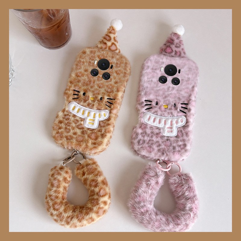 手机壳秋冬毛绒豹纹卡通圣诞帽子