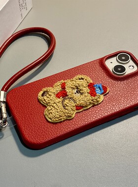 毛绒圣诞小熊适用小米红米note15pro+手机壳noto14卡通13刺绣12turbo带11t挂绳10por红色立体5g十redmi仿皮女