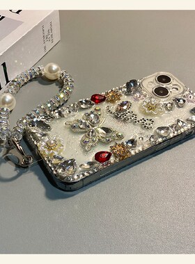 ins风宝石蝴蝶适用三星s25edge手机壳s24plus带s23ultra挂链s22+满屏s21fe红色note20珍珠s10十galaxy花朵女p