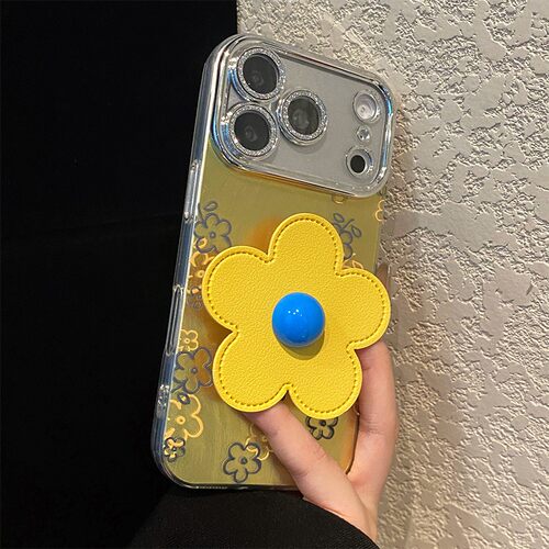 手机壳手绘黄色碎花花朵支架手绳