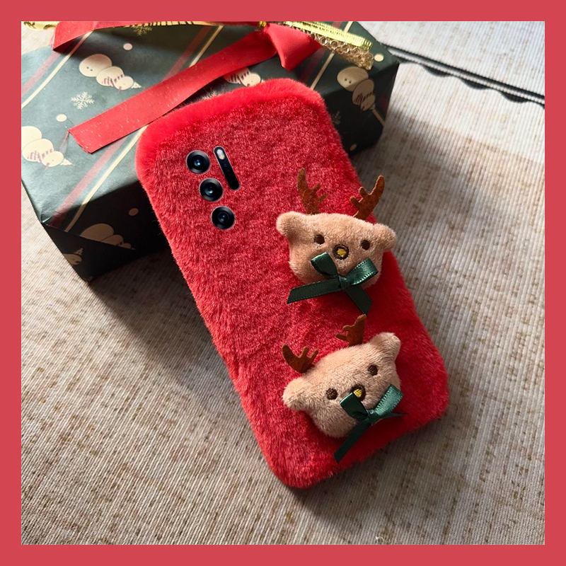 手机壳秋冬毛绒红色卡通毛茸茸圣诞节麋鹿