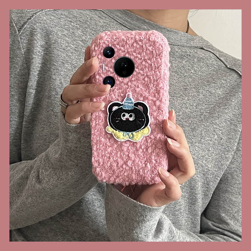 手机壳秋冬绒布卷毛毛绒卡通刺绣帽子小猫