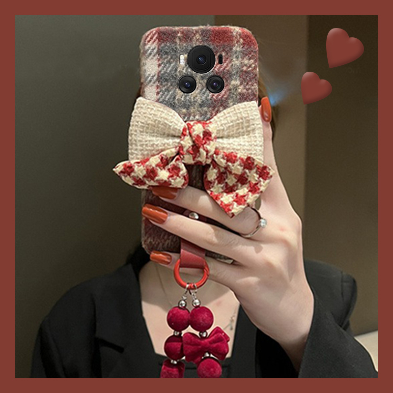 手机壳硅胶绒布韩系立体格纹蝴蝶结手链挂链