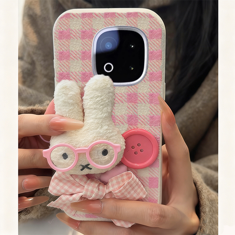 手机壳仿皮皮纹格子卡通秋冬毛绒纽扣米菲兔