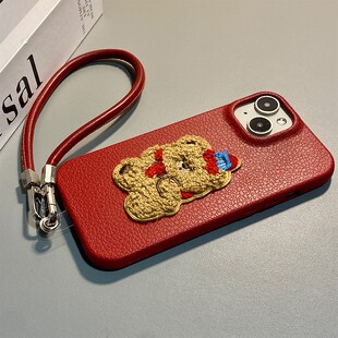 毛绒圣诞小熊适用oppoa5pro手机壳a2x卡通a1刺绣a11x带a9挂绳a32红色a72立体a58a97仿皮a93a96a56皮纹a92s女p