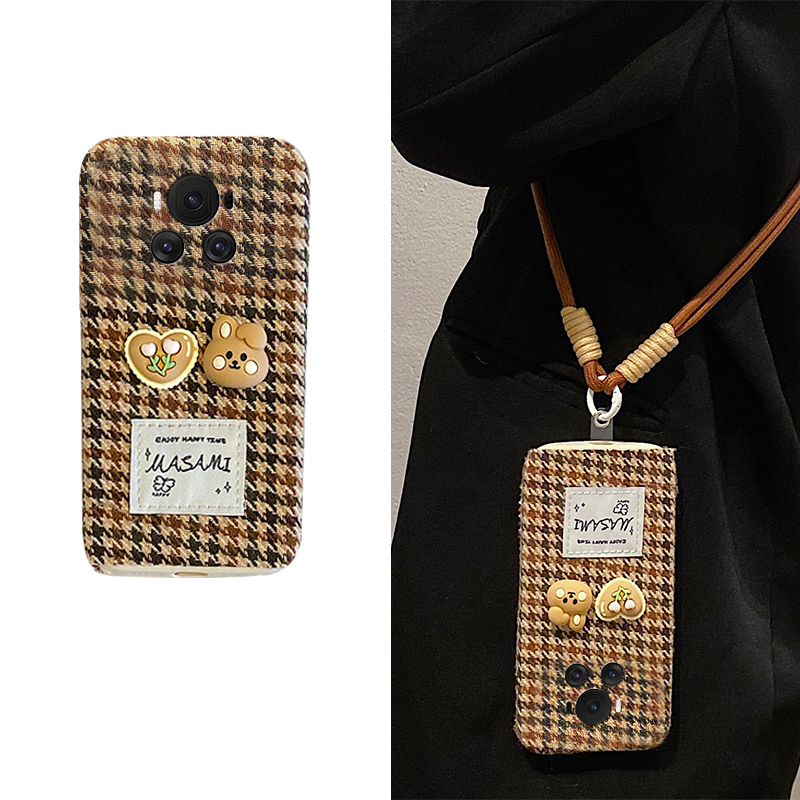 手机壳棕色千鸟格立体爱心兔子手链斜跨挂绳