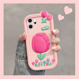 ins风适用opporeno14手机壳reno13pro+立体reon12粉色11郁金香10夏天9小清新8韩系7se花朵6硅胶5软壳4十oppo