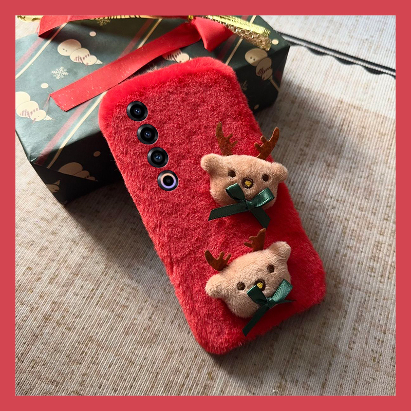手机壳秋冬毛绒红色卡通毛茸茸圣诞节麋鹿