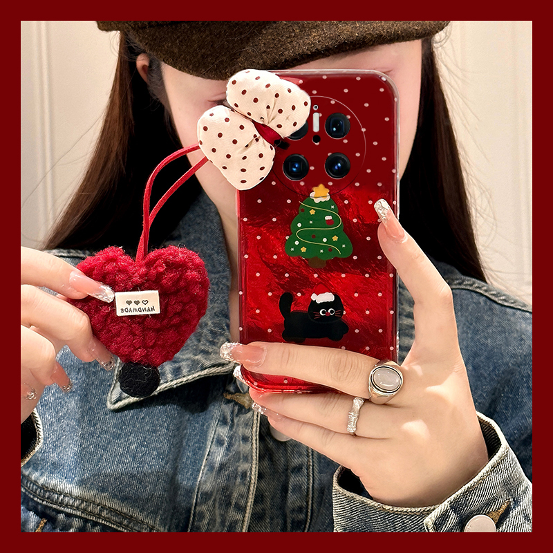 手机壳硅胶羽纱圣诞树猫咪立体蝴蝶结带挂件