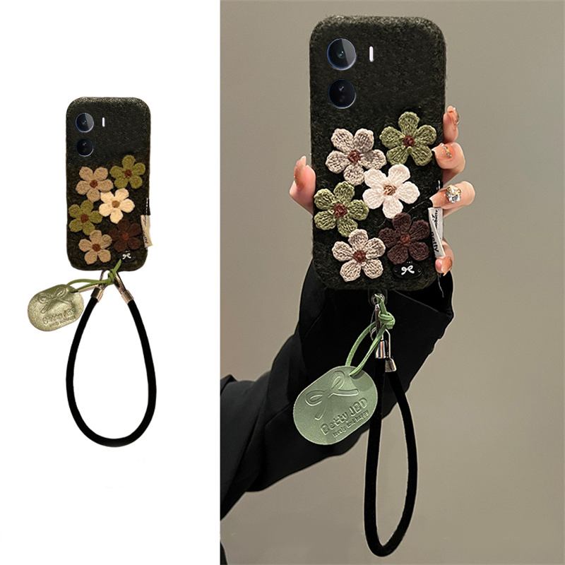 手机壳秋冬绒布ins风立体绿色花朵挂件皮绳