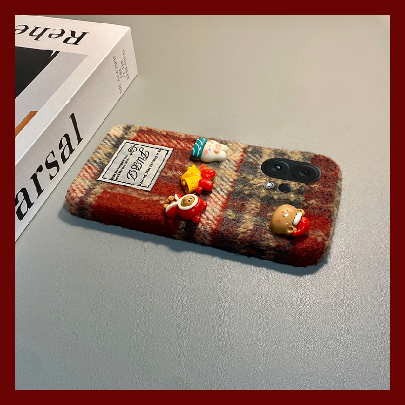 手机壳秋冬绒布红色格子圣诞铃铛兔子小熊