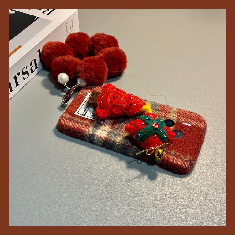 手机壳秋冬绒布红色格子圣诞树带毛绒手链