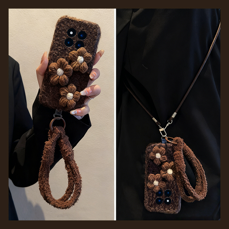 手机壳秋冬毛绒针织毛绒花朵尼龙绳斜跨挂绳