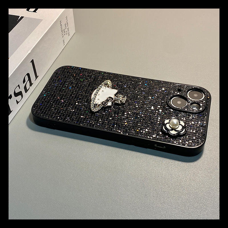 手机壳秋冬绒布闪片卡通水钻山茶花星球KT猫