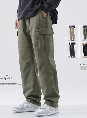 FAFC2025春秋季纯棉加绒工装裤男潮牌美式多口袋宽松直筒休闲长裤