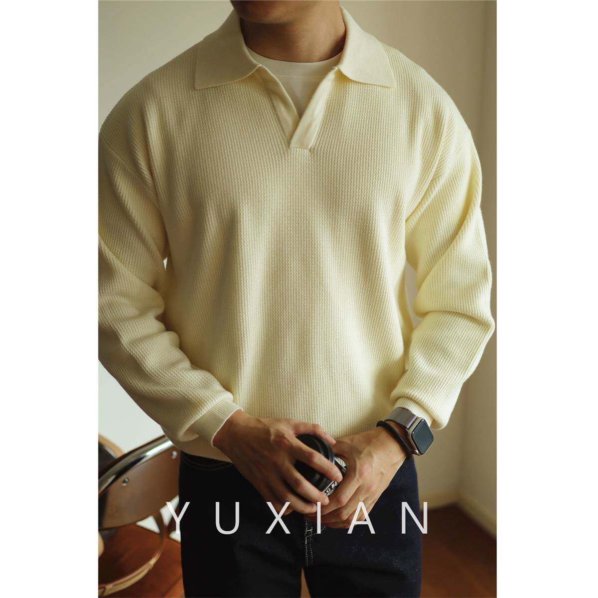 YUXIAN余闲V领针织衫套头毛衣翻领重磅保暖男士POLO长袖美式秋冬
