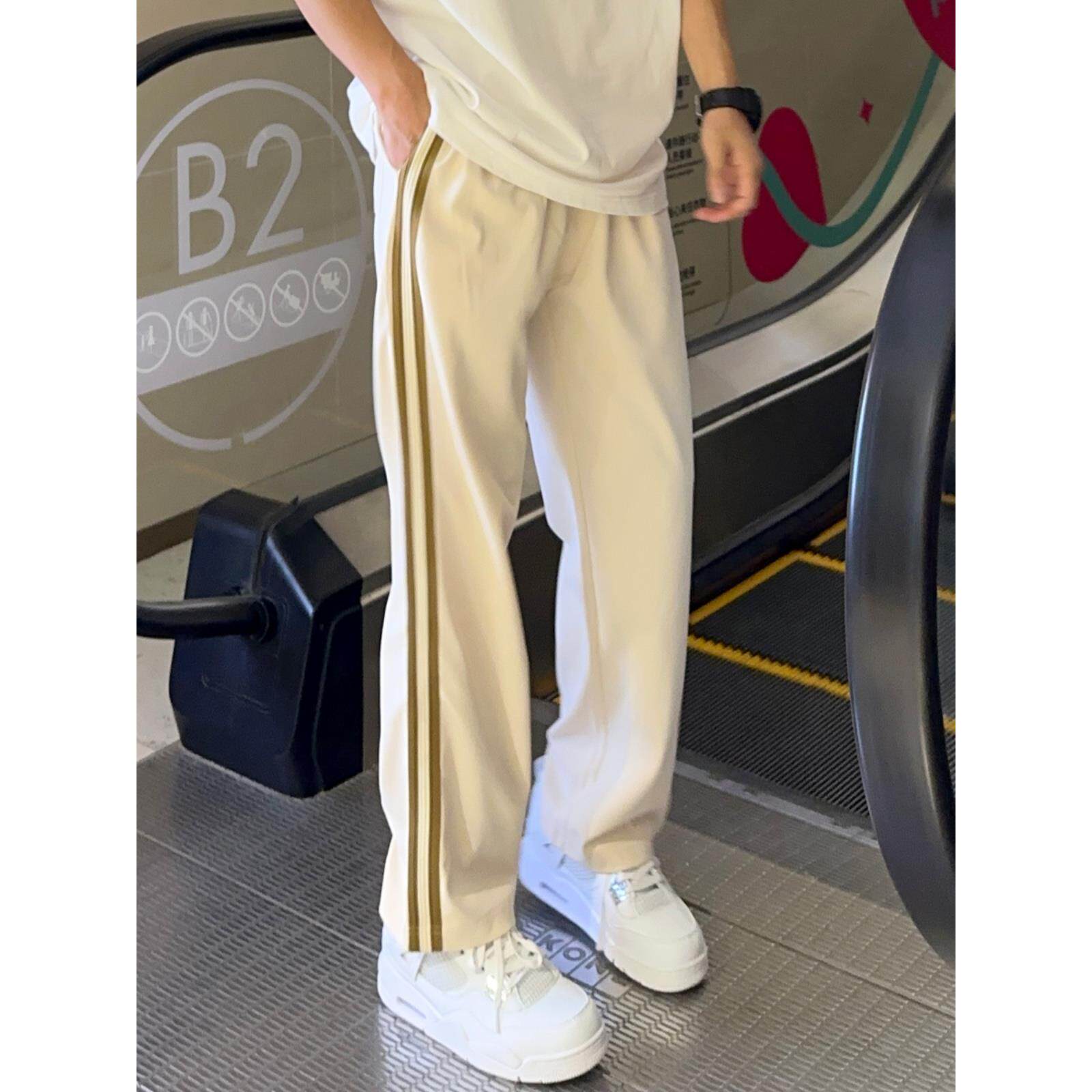 UNCLEBLUE 条纹棉运动薄款直筒裤春秋新品潮牌宽松休闲男式长裤