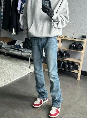 欧美FOG重磅水洗浅蓝色做旧 修身直筒微喇叭弹力复古牛仔长裤裤男