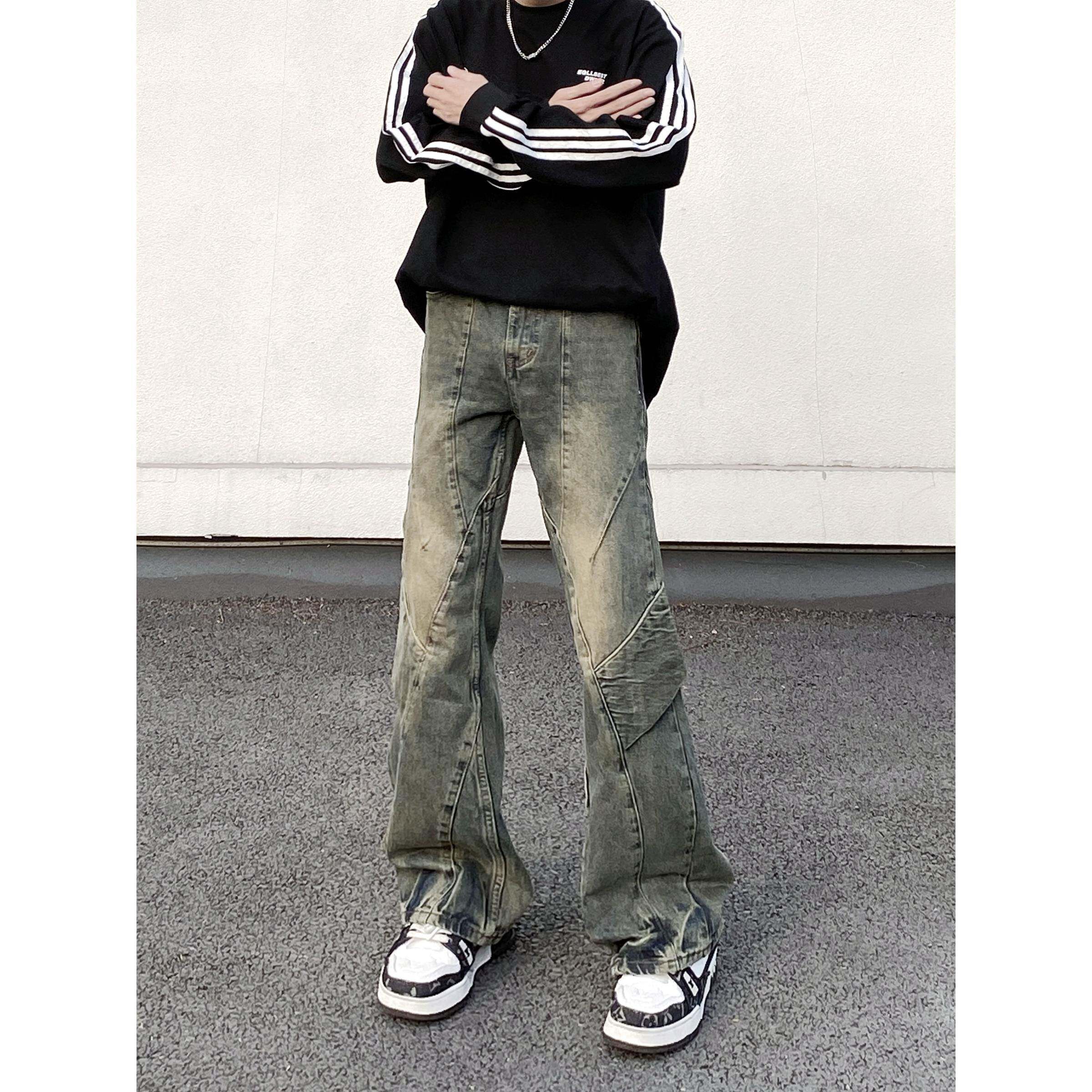 美式复古做旧水洗牛仔裤男高街设计感拼接不规则直筒阔腿微喇裤子