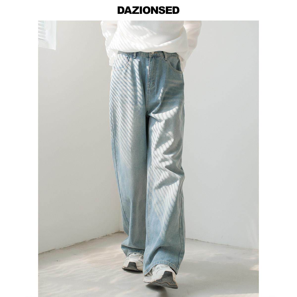 DAZO 半松紧腰牛仔长裤男韩系百搭阔腿裤子直筒宽松水洗休闲裤